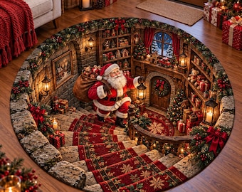 Santa Christmas Round Rug, 3D Optical Illusion Staircase Rug, Santa Workshop Floor Mat, Holiday Winter Decor, Christmas Area Rug