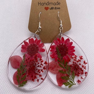 Sterling Silver Hypoallergenic Genuine Pressed Flower Leaf Leaves Resin Earrings I Gifts for Her I Minimalist Natural Jewelry I Hot Pink