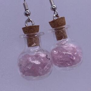 Rose Quartz Mini Glass Bottle Earrings Drifting Wishing Bottles with Crushed Glass Gemstones