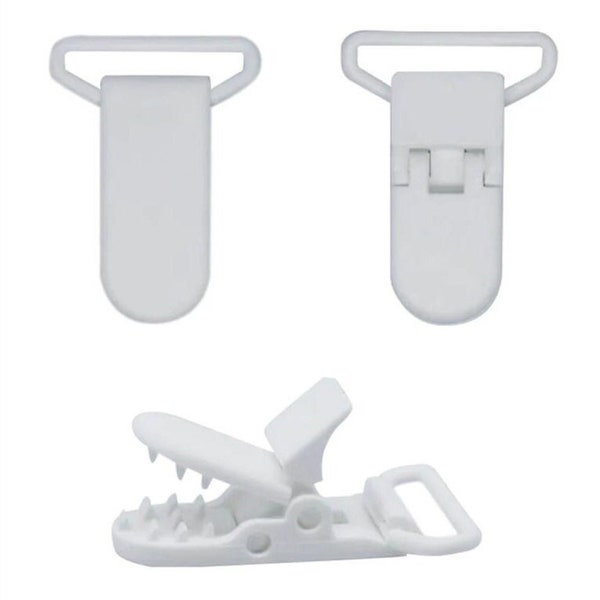 25 pcs Blanc Porte-jarretelles en plastique blanc, Paci Binky, sucette, jouet ou moufle, pinces crocodiles KAM pour travaux manuels de couture