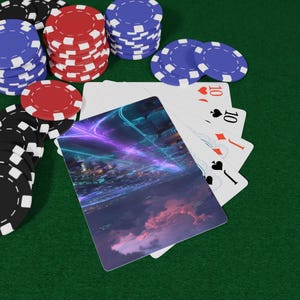Karty do gry Neon Runway Future, niezbędnik na wieczór gier, pomysł na prezent świąteczny, talia kart na wieczór pokerowy, wyjątkowa talia kart, zabawna talia kart