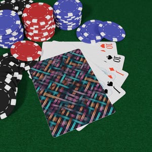 May include: A poker game scene with playing cards and poker chips. The cards show the number 10 in the suits of hearts, spades, and diamonds. The poker chips are red, black, and blue, and are stacked on a green surface.