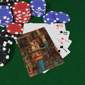 May include: A poker game scene with playing cards and poker chips. The cards show a fantasy city design. Stacks of red, blue, and black and white chips are arranged on a green felt surface. The cards show the number 10.