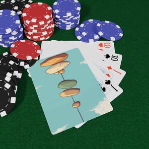 May include: Stacks of red, black, and blue poker chips are arranged on a green surface, with playing cards fanned out. One card has a design of floating stones connected by a chain against a blue sky. The playing cards show the number 10 and the suits of hearts, diamonds, and spades.