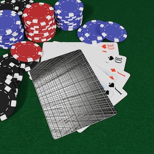 May include: Poker game scene with playing cards and poker chips. The cards show the number 10 in the suits of hearts, diamonds, and spades. Stacks of red, blue, and black poker chips are visible on a green felt surface.