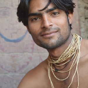 Tulsi (Tulasi) Natural Rough Hand Carved Small Cylindrical 3mm Kanthi Necklace 5 Strands from Vrindavan India TN0016