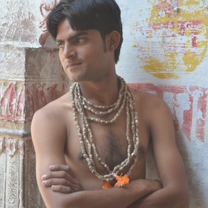 Tulsi (Tulasi) Natural Rough Hand Carved Barrel Beads 10mm by 7mm Japa Mala Hand Knotted Vrindavan India TN0011