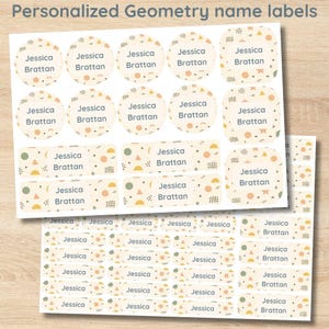 May include: Sheets of personalised name labels with the name "Jessica Brattan" printed on them. The labels feature geometric shapes in muted colours like beige, green, and orange. The text "Personalized Geometry name labels" is at the top.