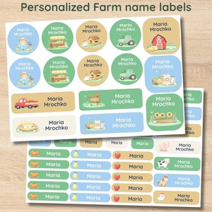 May include: Sheets of personalised farm name labels. Designs include a farmer, farm stand, chicken coop, tractor, red barn, milk jugs, sunflowers, a red truck, and various fruits and vegetables. The labels are in various shapes and sizes.