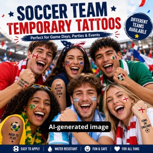 May include: Soccer team temporary tattoos with various flag designs are displayed on the faces and arms of a diverse group of people. The image includes text that reads "Easy to Apply", "Water Resistant", "Fun & Safe", and "For All Fans".