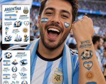 Tillfälliga tatueringar för argentinsk fotboll, tatueringar för argentinska fans, ansiktstatueringar för argentinsk flagga, VM-festgåvor, Vamos Argentina-tatueringar