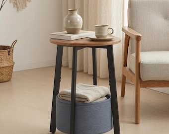 収納バスケット付き丸型サイドテーブル｜省スペースエンドテーブル｜ベッドサイドテーブル｜モダンなナイトスタンド｜リビングルーム家具