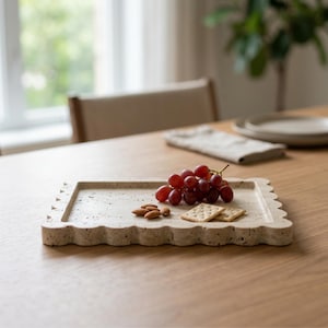 Travertine Marble Tray Wavy Edge | Beige Stone Decorative Tray |Rectangular Vanity Tray | Modern Minimal Home Decor | Organizer Kitchen Tray