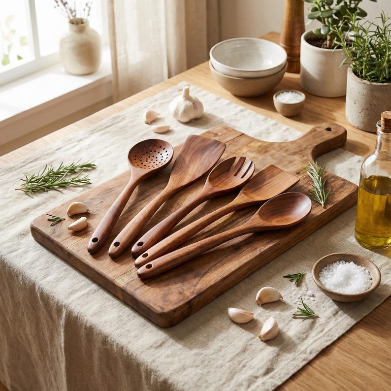 May include: A collection of wooden kitchen utensils, including a slotted spoon, spatula, and serving spoons, arranged on a wooden cutting board. The utensils are a warm brown color and are accompanied by garlic cloves, rosemary sprigs, and small bowls.