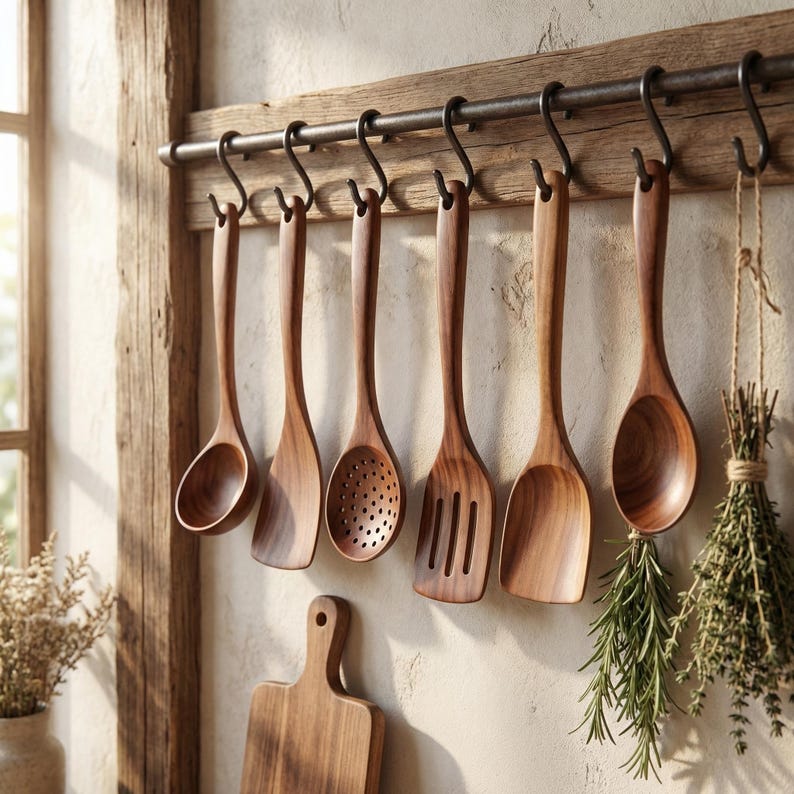 May include: A collection of wooden kitchen utensils, including spoons, spatulas, and a slotted spoon, hanging from a metal rack. The utensils are made of a warm-toned wood and are displayed against a neutral-colored wall. A wooden cutting board is also visible.