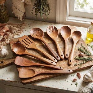 May include: A collection of wooden kitchen utensils, including spoons, spatulas, and slotted tools, arranged on a wooden cutting board. The utensils are made of light brown wood and have a natural finish. Garlic cloves and herbs are scattered around the board.