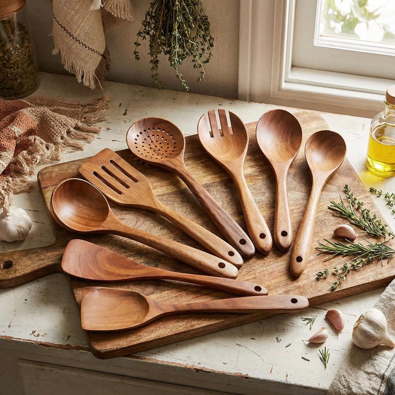 May include: A collection of wooden kitchen utensils, including spoons, spatulas, and slotted tools, arranged on a wooden cutting board. The utensils are made of light brown wood and have a natural finish. Garlic cloves and herbs are scattered around the board.