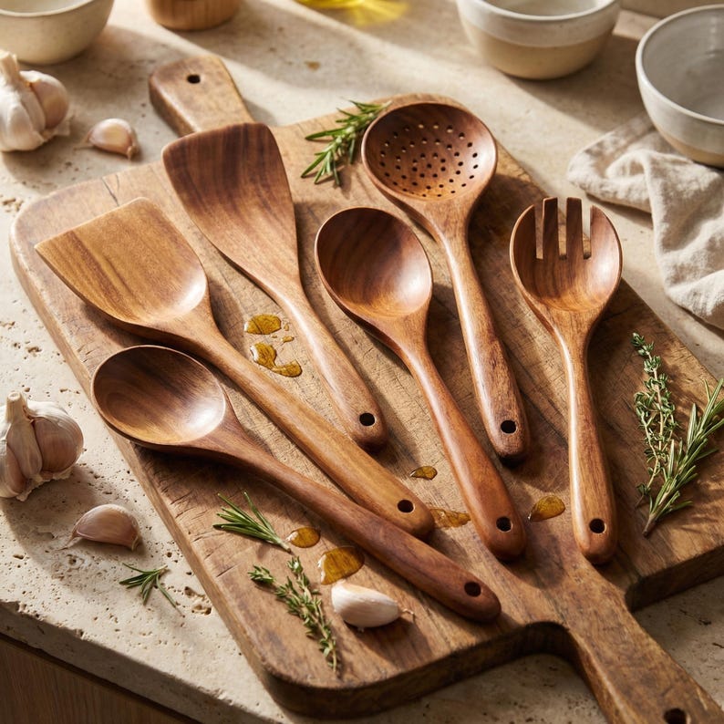 May include: A collection of wooden kitchen utensils, including spoons, spatulas, and a slotted spoon, arranged on a wooden cutting board. The utensils are made of a warm-toned wood and are accompanied by sprigs of rosemary and garlic cloves.