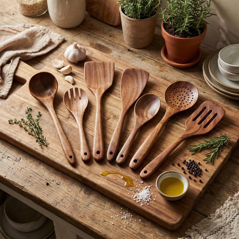May include: A collection of wooden kitchen utensils, including spoons, spatulas, and slotted tools, arranged on a wooden cutting board. The utensils are made of light brown wood and have a natural finish. Herbs, garlic, and olive oil are also present, suggesting a culinary theme.