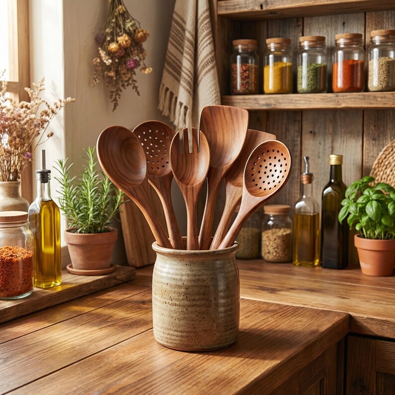 May include: A collection of wooden kitchen utensils, including spoons, spatulas, and slotted tools, displayed in a ceramic crock. The utensils are made of light brown wood and are arranged on a wooden countertop. The background includes jars of spices and olive oil bottles.
