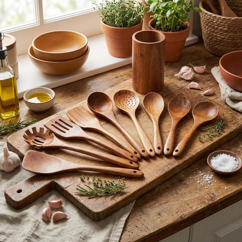 May include: Wooden kitchen utensils, including spoons, spatulas, and slotted tools, are arranged on a wooden cutting board. The utensils are various shapes and sizes, with a natural wood finish. Other items include bowls, herbs, and a container of olive oil.