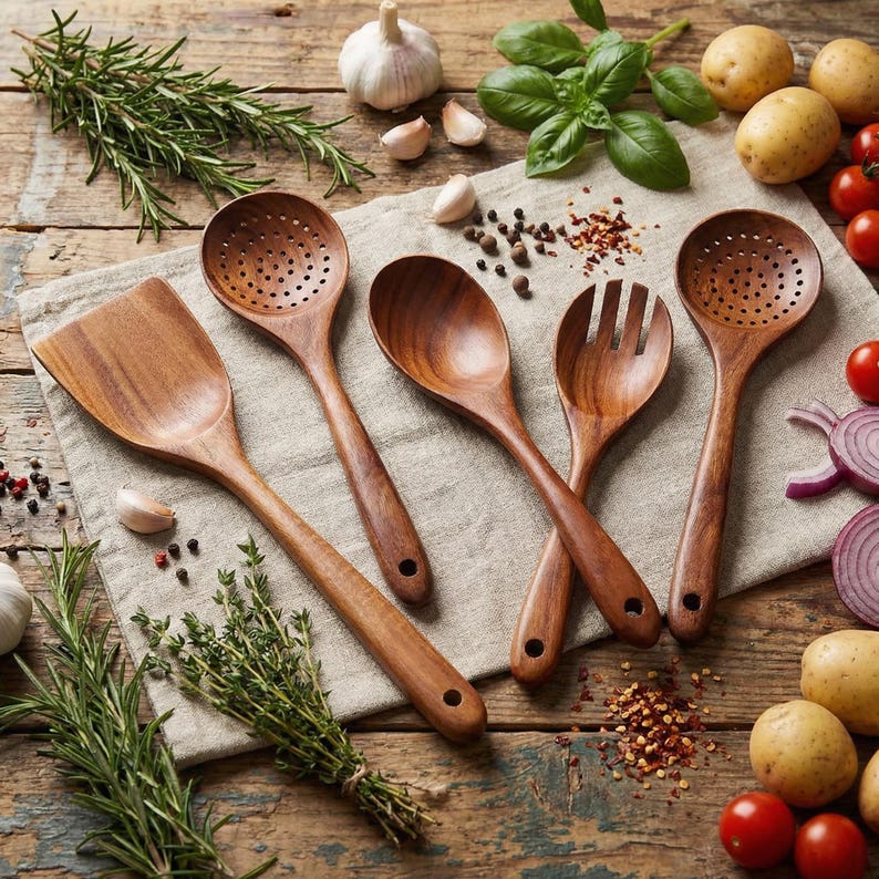 May include: A collection of wooden kitchen utensils, including a spatula, slotted spoons, and a fork. The utensils are made of a warm brown wood and are arranged on a neutral-colored cloth. Fresh herbs, garlic, tomatoes, and potatoes surround the utensils.