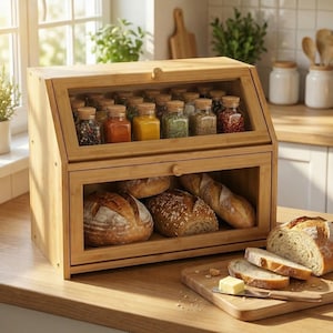 May include: A wooden bread bin with a glass front, containing loaves of bread. The top section holds small jars of spices. Sliced bread and butter are on a wooden board, suggesting a kitchen setting.