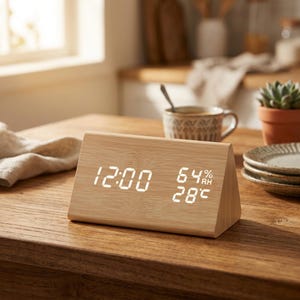 Puede incluir: Un reloj digital triangular de madera que muestra las 12:00, 64% de humedad y 28 grados Celsius. El reloj es de madera clara y está sobre una mesa de madera. El fondo incluye una ventana, una taza y una pequeña planta.
