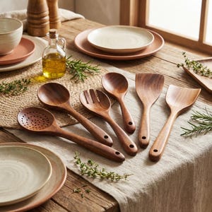 May include: A collection of wooden kitchen utensils, including spoons, a slotted spoon, and spatulas, arranged on a linen tablecloth. The utensils are made of a dark wood and have a natural finish. The scene is set on a wooden table with plates and a small bottle of oil.