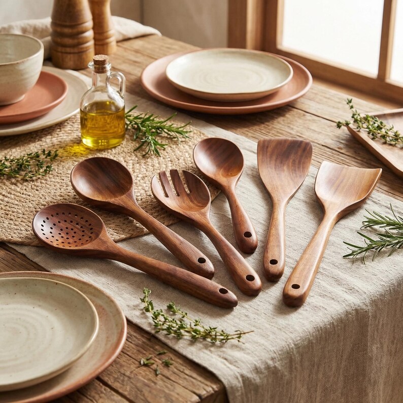 May include: A collection of wooden kitchen utensils, including spoons, a slotted spoon, and spatulas, arranged on a linen tablecloth. The utensils are made of a dark wood and have a natural finish. The scene is set on a wooden table with plates and a small bottle of oil.