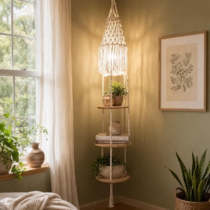 Boho Hanging Lamp with Shelves | Macrame Pendant Light with Plant Holder | 3 Tier Hanging Shelf | Plug In Bohemian Decor