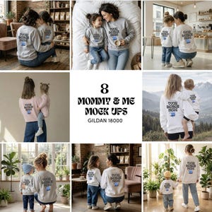 Könnte beinhalten: Eine Sammlung von acht "Mommy & Me"-Mockups mit passenden Sweatshirts. Die Sweatshirts, mit dem Text "YOUR DESIGN HERE" auf dem Rücken, werden in verschiedenen Umgebungen gezeigt. Die Gildan 18000 Sweatshirts werden in verschiedenen Farben präsentiert.
