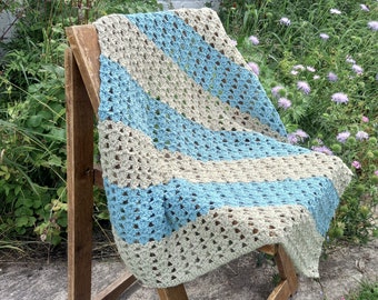 MALVERN Blanket - Pure Cotton Crochet Blanket - Stripes - Vegan - Ready to Ship - Sage Green