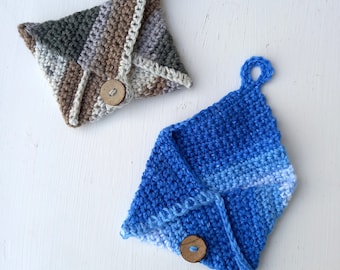Treasure Pouches - Small Envelope Bags - Crochet - Grey & Green or Blue - Ready to Ship - 100% Cotton - Vegan