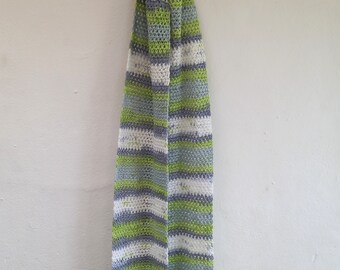 Willow Scarf - Pure Cotton Crochet Scarf - Green Cream Blue - Vegan - Ready to Ship