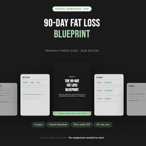 Peut inclure: Graphique de téléchargement numérique avec le texte "90-DAY FAT LOSS BLUEPRINT" en blanc et vert. L'image comprend un suivi, un guide nutritionnel, une feuille de route et un plan d'entraînement. Le guide est un guide de fitness premium, édition 2026.