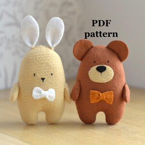May include: Two handmade felt plush toys: a yellow bunny with white ears and bow tie, and a brown bear with an orange bow tie. The text "PDF pattern" is visible. These are likely DIY craft projects.