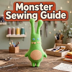 May include: A green plush monster toy with two long ears, blue button eyes, and a tan circular belly patch. The monster has two small white teeth and stands on a wooden table. Above the toy, the text Monster Sewing Guide is displayed.