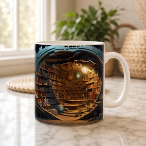 Könnte beinhalten: Weiße Keramiktasse mit einer detaillierten Illustration eines spiralförmigen Bibliotheksinneren. Das Kunstwerk zeigt Reihen von Bücherregalen, warme Beleuchtung und kleine Figuren, die eine skurrile Szene schaffen. Die Tasse hat einen gebogenen Griff.