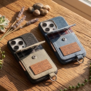 May include: Two denim phone cases with attached wallets. One case is blue denim, the other is black denim. Each case has a small leather patch with the text "JEANS & DENIM WEAR" and "GENUINE QUALITY". The cases are on a wooden surface.