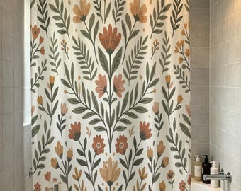 Boho Neutral Wildflower Shower Curtain, Vintage Botanical Floral Leaf Fabric Bath Curtain, Muted Earth Tone Floral Bath Decor,Housewarm Gift