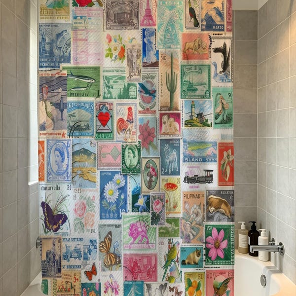 Vintage Global Stamp Collage Waterproof Shower Curtain, World Travel Stamp Print Fabric Bath Curtain, Ccolorful Traveler Bathroom Decor