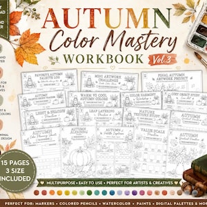 Peut inclure: Un cahier d'exercices Autumn Color Mastery Vol. 3 comprenant quinze pages imprimables avec des illustrations au trait de citrouilles et de feuilles. L'ensemble inclut les formats A4, A5 et US Letter pour pratiquer les mélanges de couleurs.