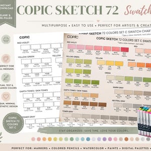 Puede incluir: Una carta de muestras de colores Copic Sketch 72 con muestras de color, incluyendo tonos rojos, amarillos, verdes y grises. La carta está diseñada para artistas y creativos, con un juego de rotuladores Copic en la parte inferior.