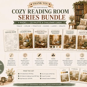 May include: A digital bundle titled Cozy Reading Room Series Bundle containing six printable books and 120 palette and challenge cards. The set includes a tracing book, coloring book, marker practice, blending, layering workbooks, and a palette deck.