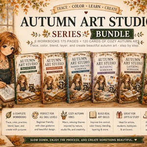 May include: The Autumn Art Studio Series Bundle includes six workbooks and 120 cards featuring cozy autumn art. The set contains a tracing book, coloring book, marker practice, blending, layering, and palette deck workbooks with 175 total pages.