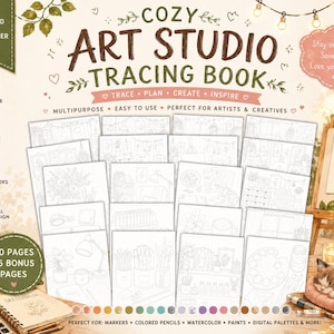 Può includere: Un libro da ricalco digitale intitolato COZY ART STUDIO TRACING BOOK con 20 pagine più 5 pagine bonus. La raccolta include varie illustrazioni a linee di forniture artistiche, allestimenti di studi e spazi creativi da ricalcare e colorare.