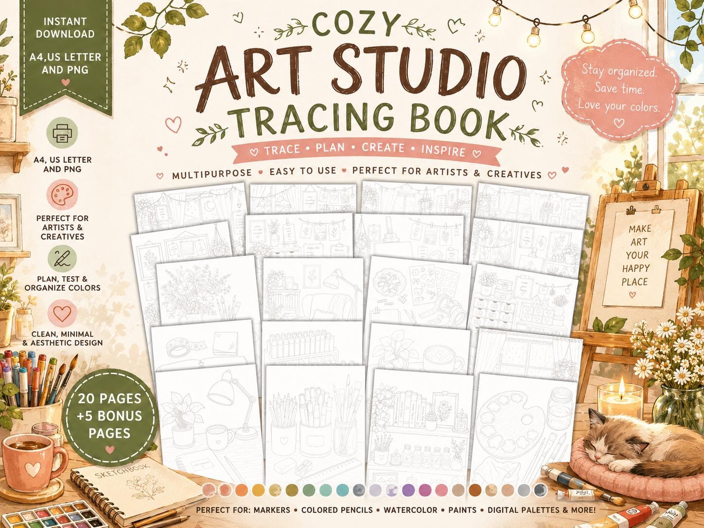 Cozy Art Studio Tracing Book, Printable Line Art Workbook, Beginner Drawing Practice, Digital Download PDF, Creative Artist Activity Book