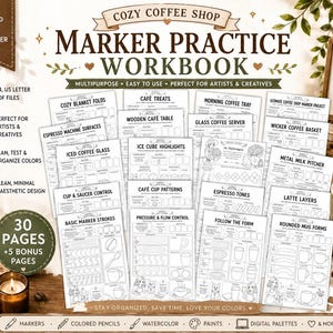 May include: A digital marker practice workbook titled Cozy Coffee Shop featuring 30 pages and 5 bonus pages. The workbook includes various instructional sheets for drawing coffee shop items like espresso machines, mugs, and cafe treats.
