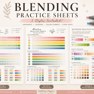 May include: Three blending practice sheets with colour gradients, layering, colour combos, and strip tests. Designed for alcohol markers, beginners, artists, and colour lovers. The sheets feature the text "Blending Practice Sheets" and "3 Styles Included!"